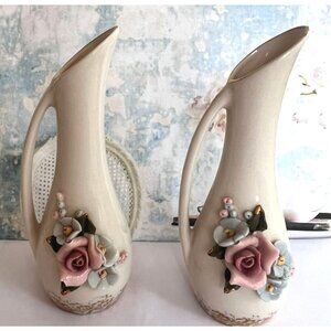 Vintage Ceramic Pitchers Capodimonte Style Floral Relief Gold Accents Set Of 2